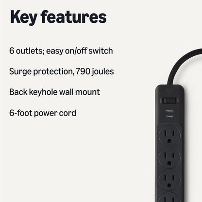 Amazon Basics Surge Protector Power Strip, 6-Outlet, 790 Joules, 6ft Extension Cord, Black, LED Indicator