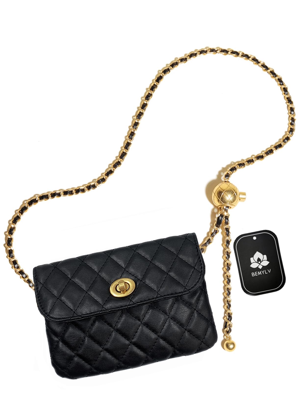 BEMYLV Leather Chain Belt Bag for Women Black Crossbody Phone Purse Adjustable Fanny Pack Fashion Waist Purse Evening Clutch Detachable Mini Handbag