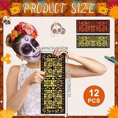 Epakh 12 Pcs Felt Picado Panels, Mexican Dia De Los Muertos Ofrenda Wall Decoration, Monarch Butterfly Sugar Skull Mexican Dia De Los Muertos Altar Backdrop Decorations for Diwali Altar Grave