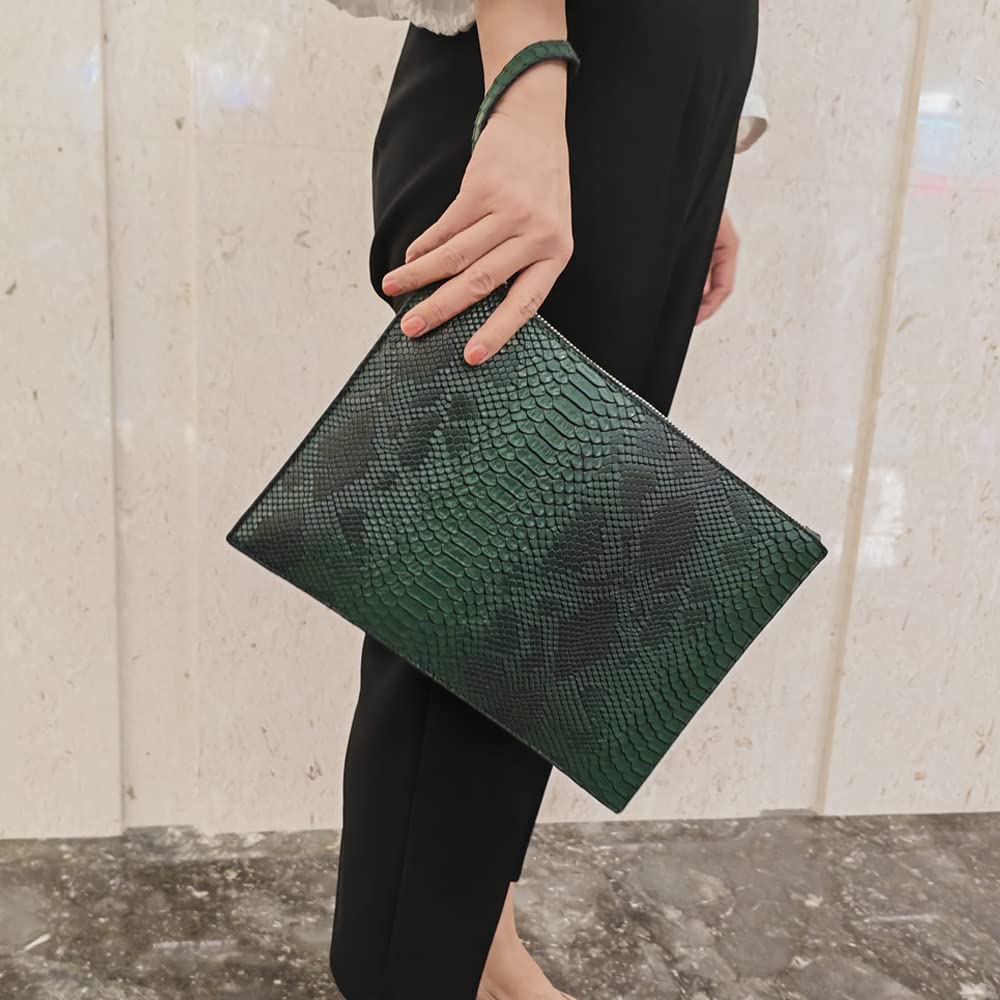 NIGEDU Women Clutches Fashion Snakeskin PU Leather Party Envelope Purse Bag with Hand Strap (Green)