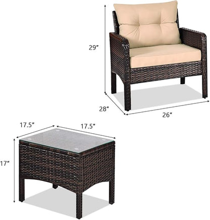 HAPPYGRILL 3 Pieces Patio Furniture Set Outdoor Rattan Wicker Coffee Table & Chairs Set with Seat Cushions Patio Conversation Set for Garden Balcony Backyard Poolside