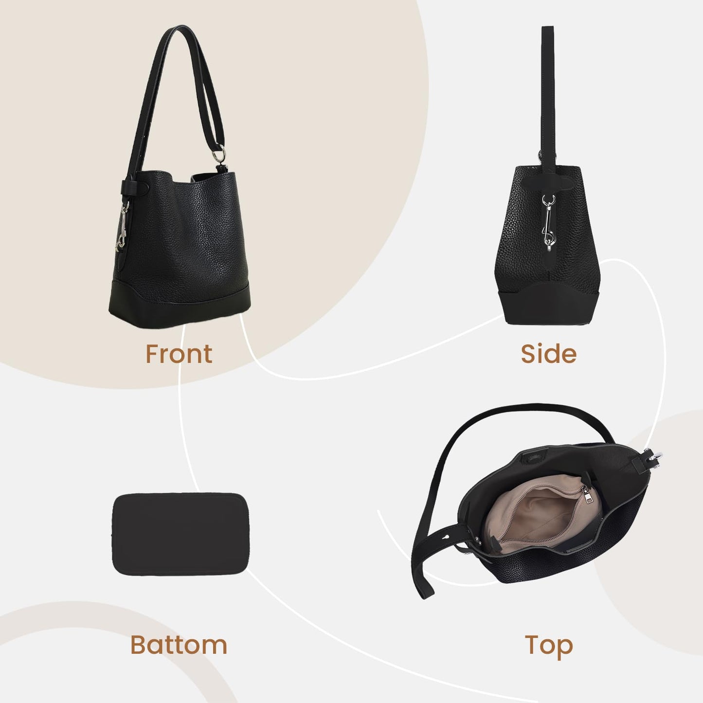 Rosvovo Genuine Leather Crossbody Bags for Women, Trendy Leather Purses Shoulder Bucket bags for women with Adjustable Strap, Black