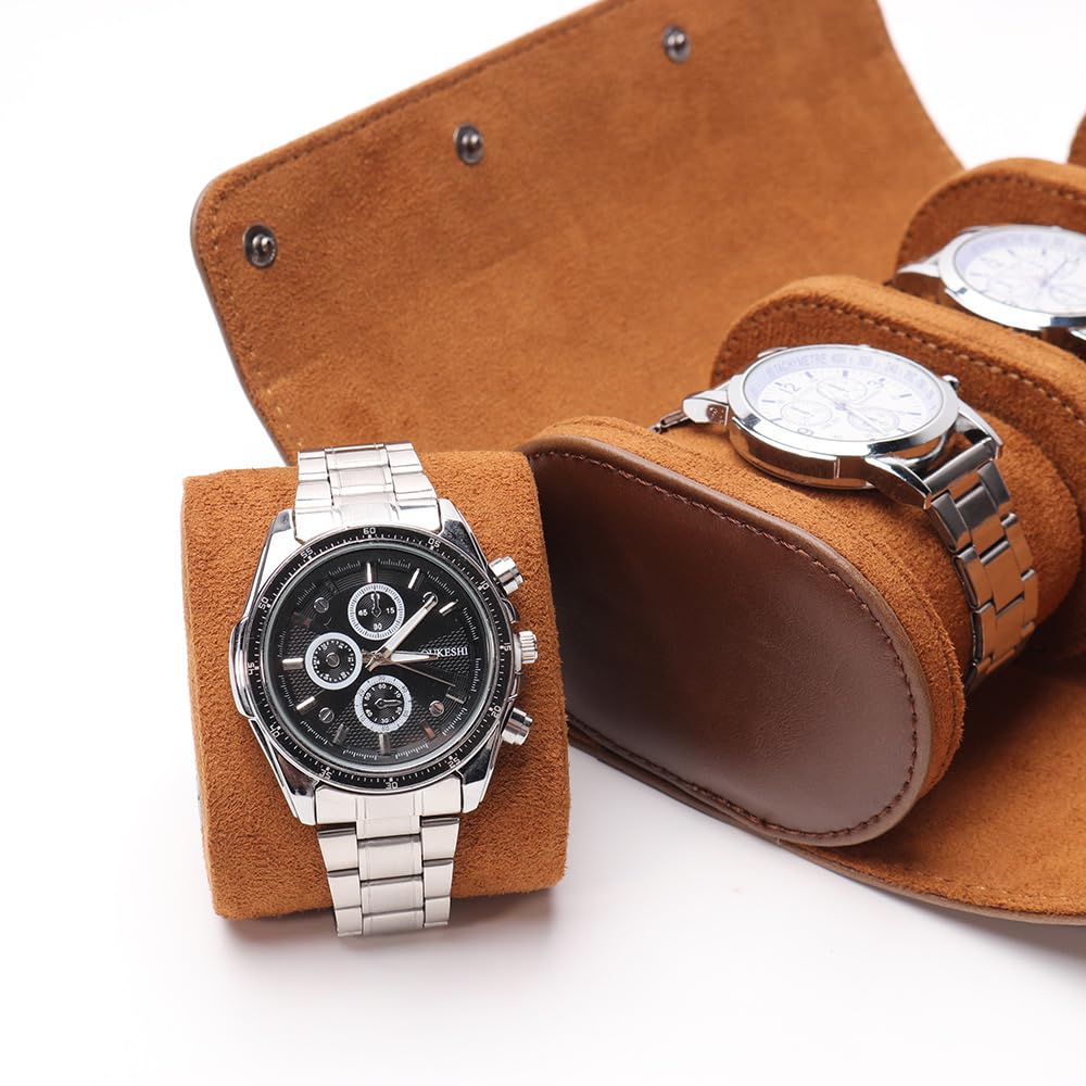 SHOWQI Watch Roll Travel Case for Men and Women- 3 Watch Storage and Organizer-Secure Storage with Innovative Removable Pillows & Solid Dividers for Home Storage, Travel and Display(Brown)