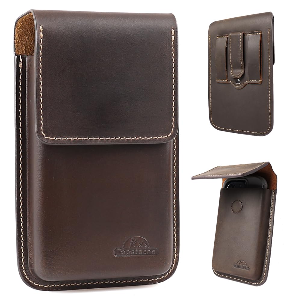 Topstache Leather Phone Holster for iPhone 17/16/15/14/13/12 - Leather Pouch with Belt Clip Phone Holster Belt Case for Galaxy S25/S24/S23/S22 - Universal Smartphone Sheath, L,Darkbrown
