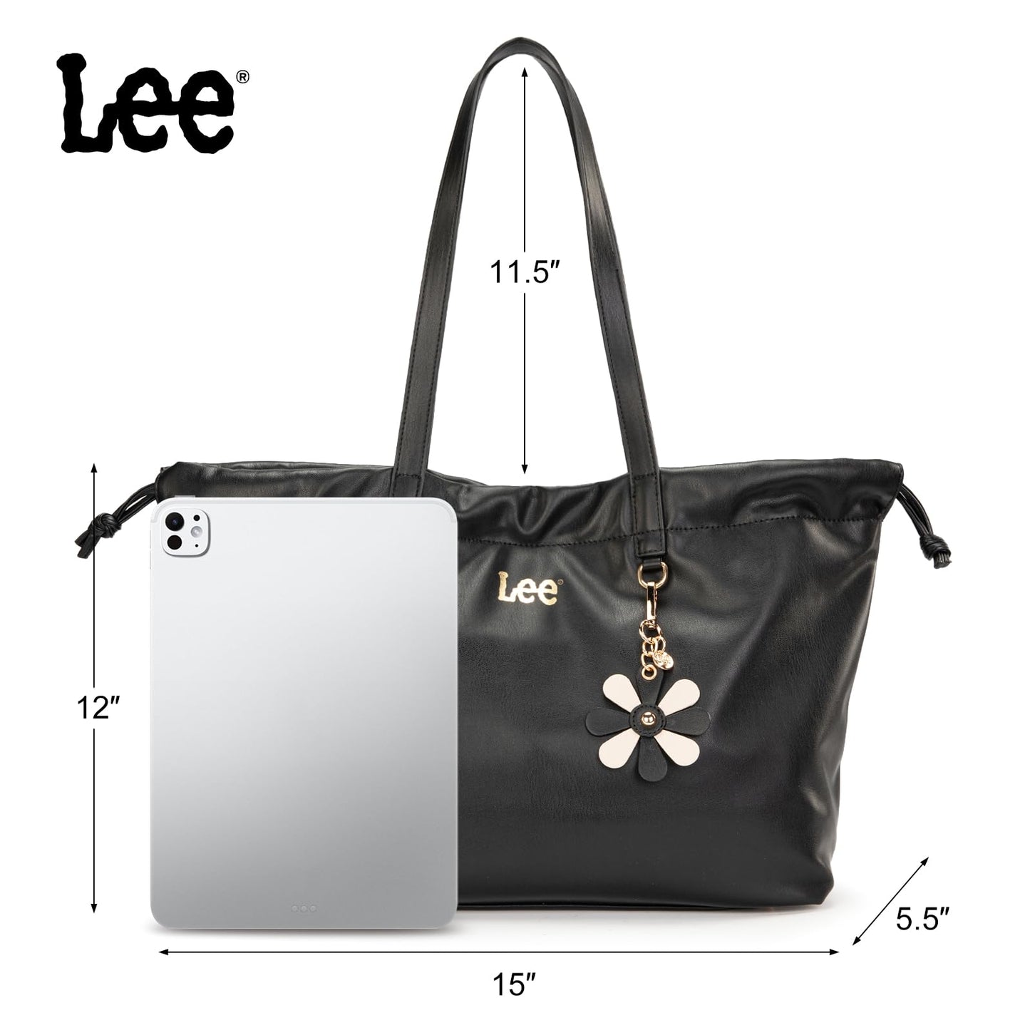 Lee Leather Tote Bag for Women, Spacious Vegan Leather Shoulder Bag & Handbag with Drawstring Closure, Durable Shoulder Straps, Large Capacity Work & Travel Purse, LEE73-001BK