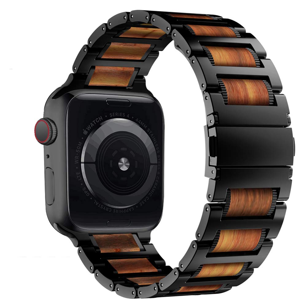 iiteeology Compatible with Apple Watch Band, Natural Wooden Steel Link Bracelet for iWatch Ultra 3/ Ultra 2/ Series 1-11 49mm 46mm 45mm 44mm 42mm - Black