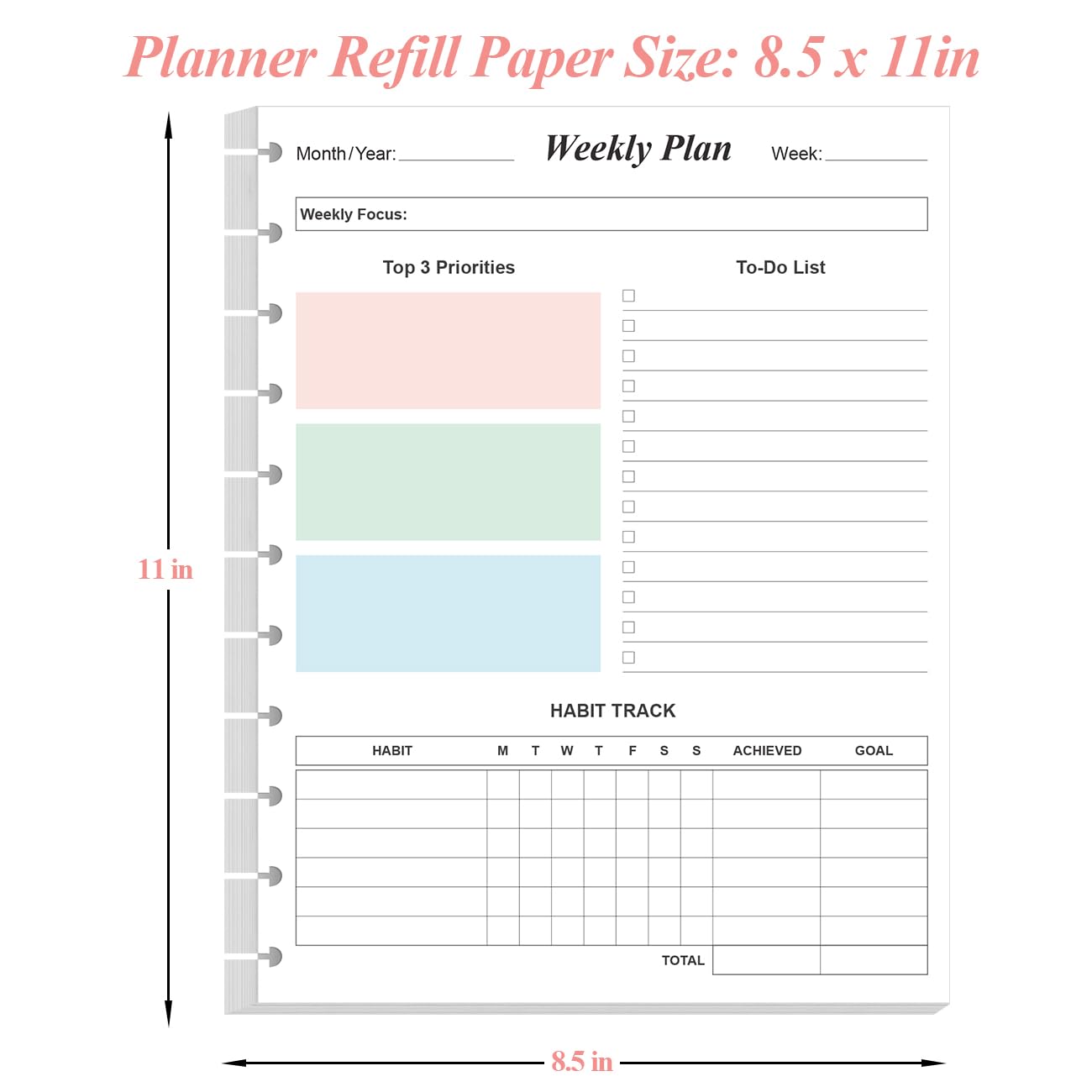 Weekly Planner Undated Refills - Letter Size 53 Sheets/106 Pages Colorful Weekly Planner for 11-Disc Discbound, TUL, 100 gsm White Paper, Lasts 1 Year, Undated, 8.5" x 11"