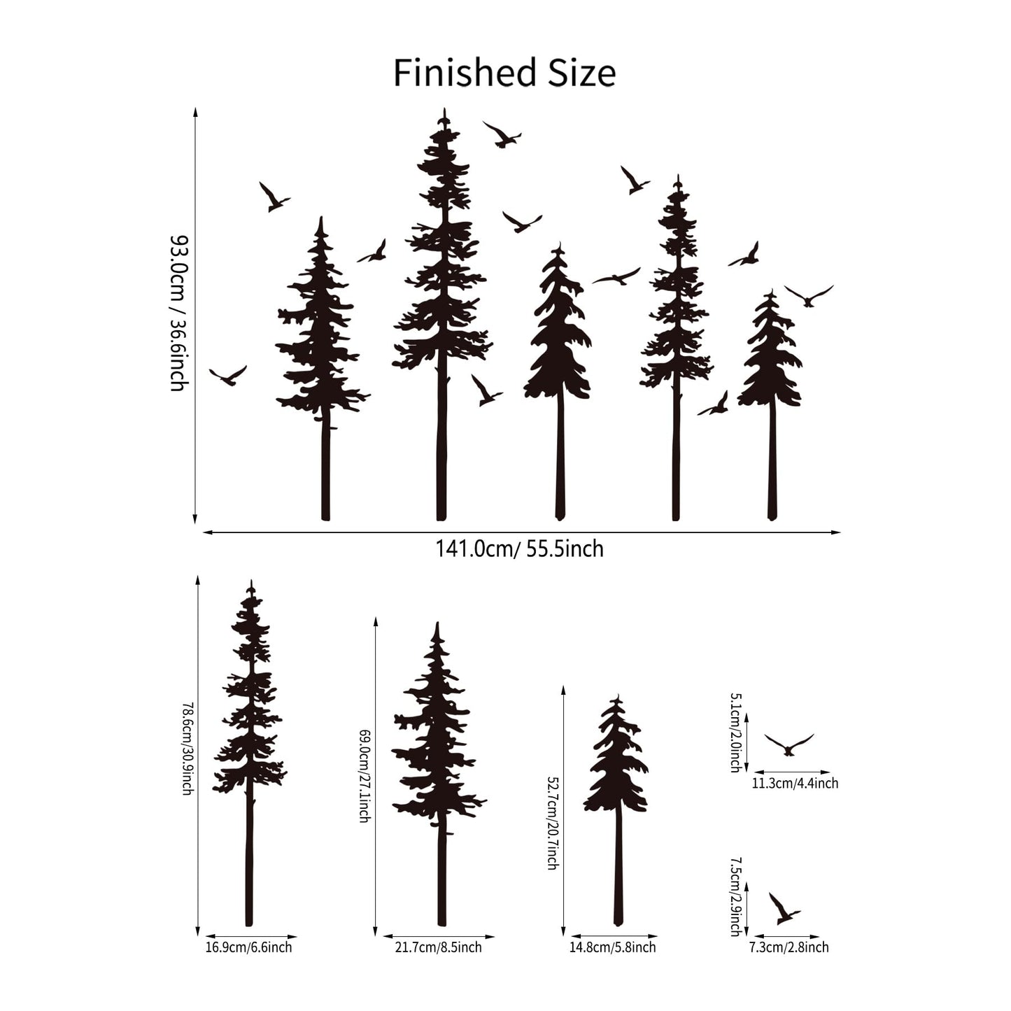 Large Pine Trees Wall Decals Black Forest Wall Stickers Christmas Decoration Wallpaper Woodland Animal Birds Mural Decals Peel and Stick Vinyl Wall Art Stickers for Bedroom