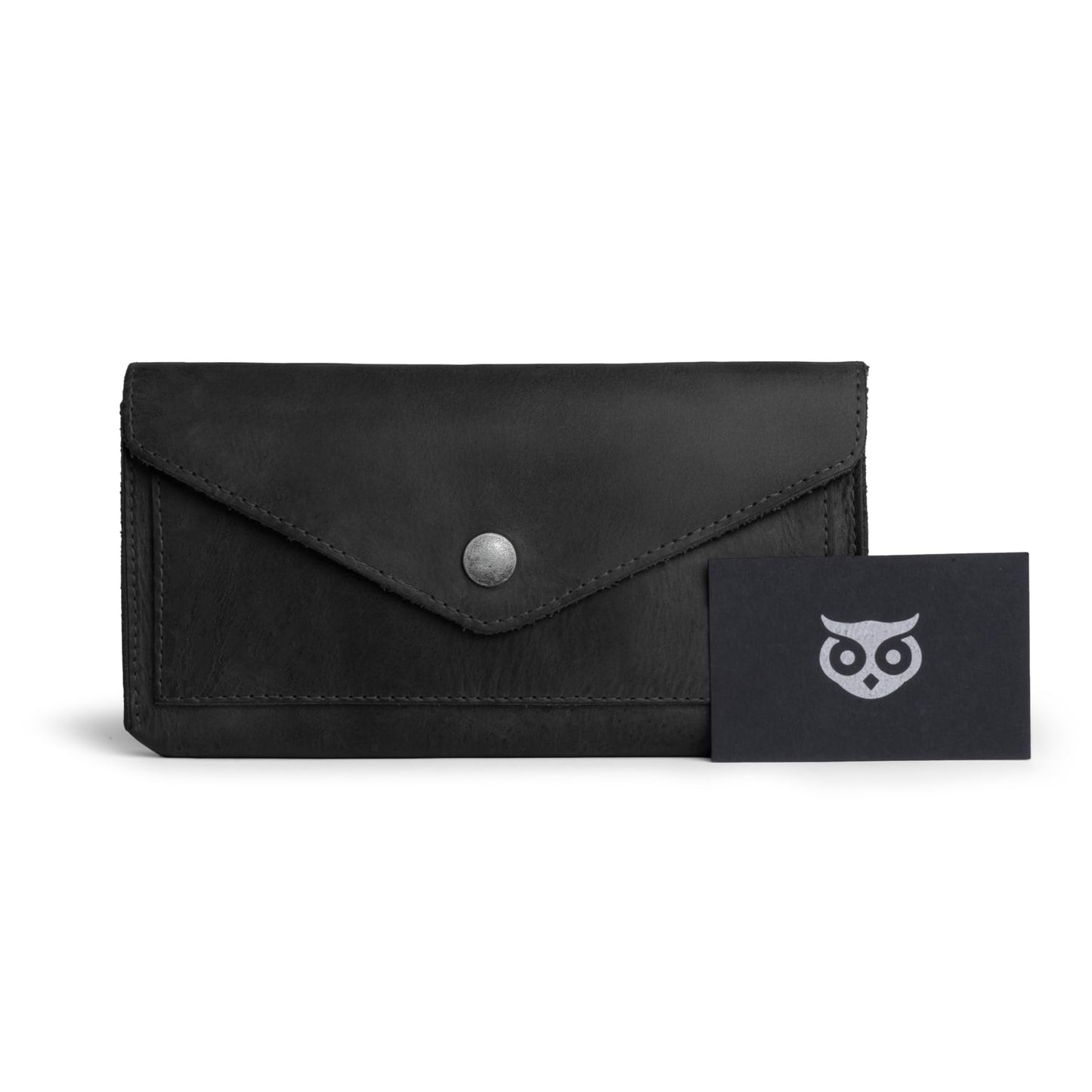Hide & Drink, Full Grain Leather Large Female Wallet, Travel Organizer for Women, Vintage Money and Card Holder, Handmade, Charcoal Black