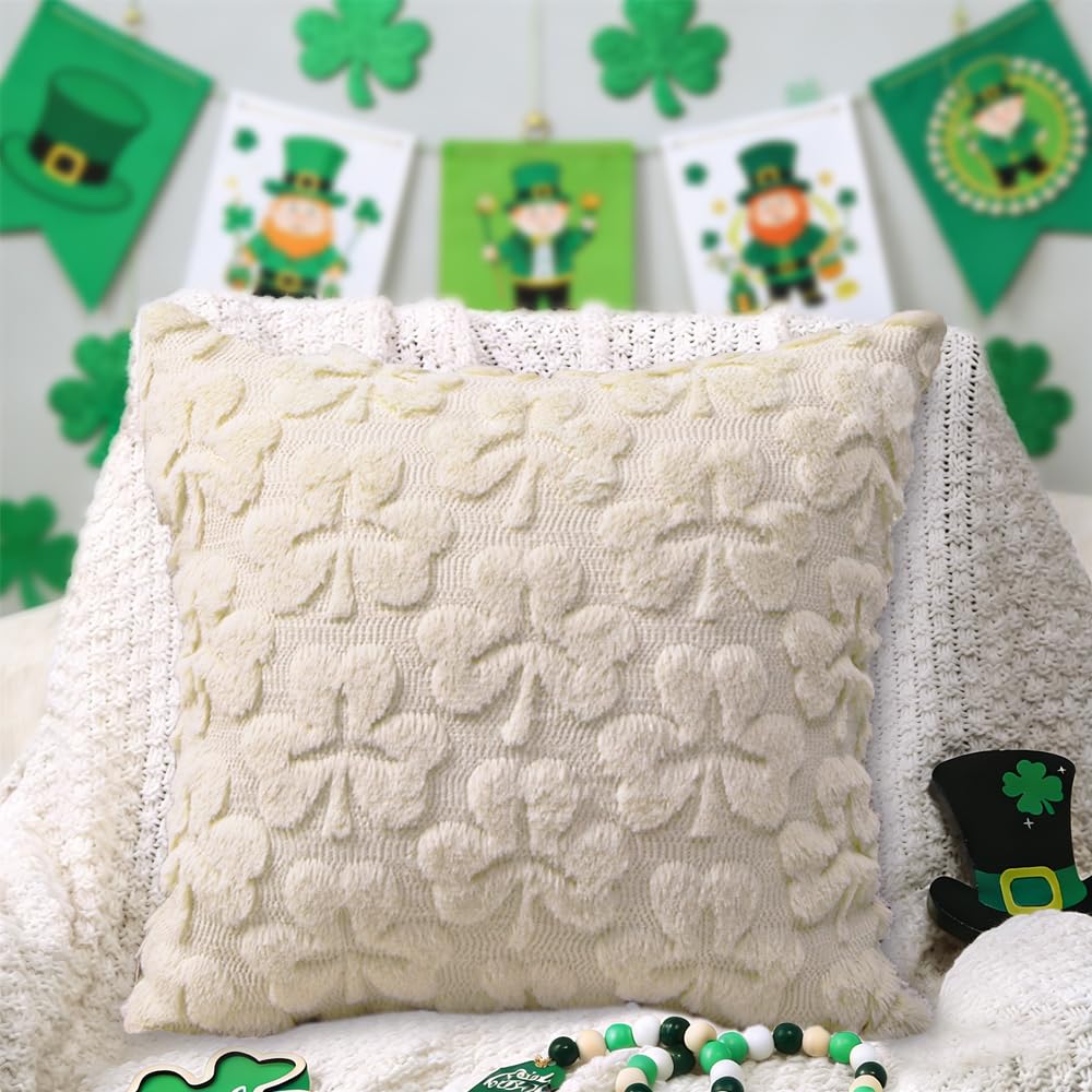 Heirloom Haven St Patrick’s Day Pillow Covers Set of 2,Beige Shamrock Irish Soft Plush Fluffy Faux Fur Jacquard Decorative Holiday Farmhouse Cushion Case for Sofa 20 x 20 Inch