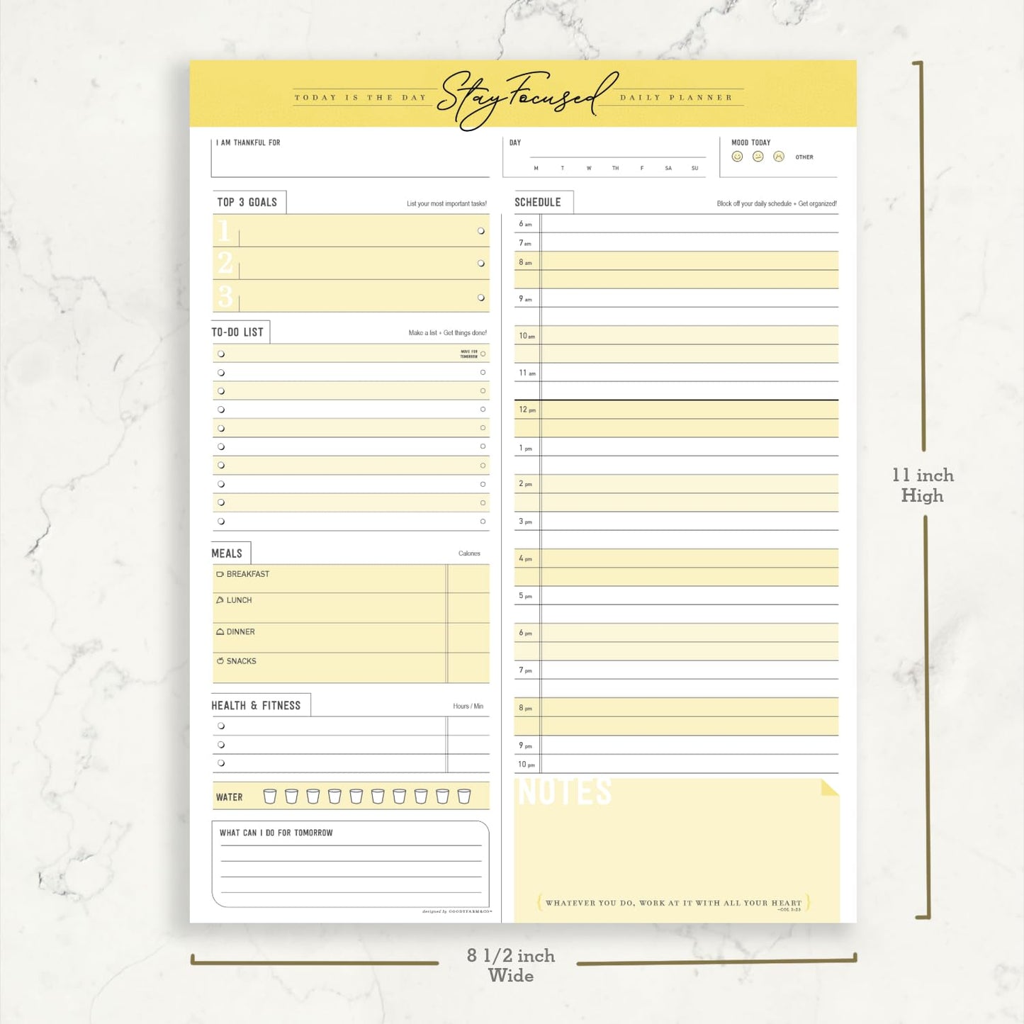 Daily Notepad Planner To Do Schedule - Stay Focused 50 Tear off Premium Made USA (Yellow Mango)
