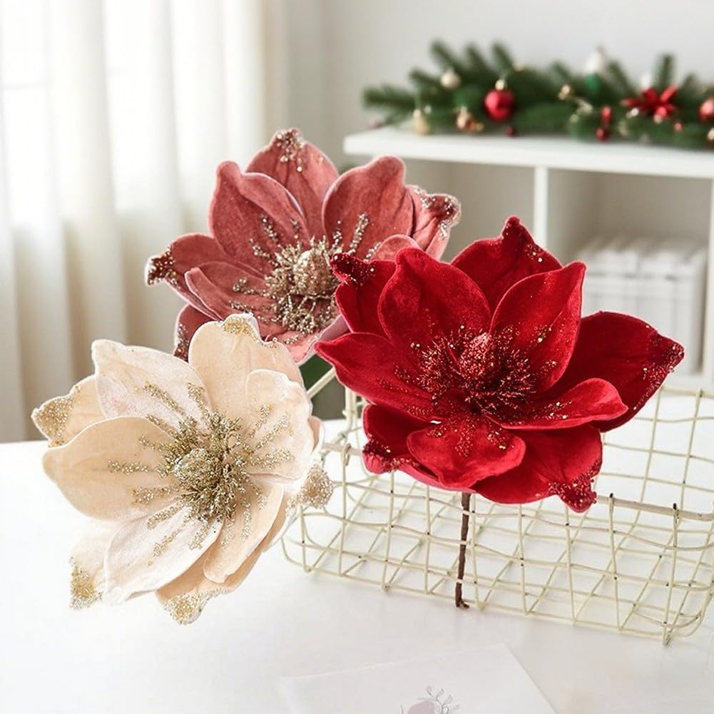 Christmas Tree Magnolia Picks with Artificial Magnolia Flowers, Fabric Ornaments to Create Festive Holiday Decor (Red)