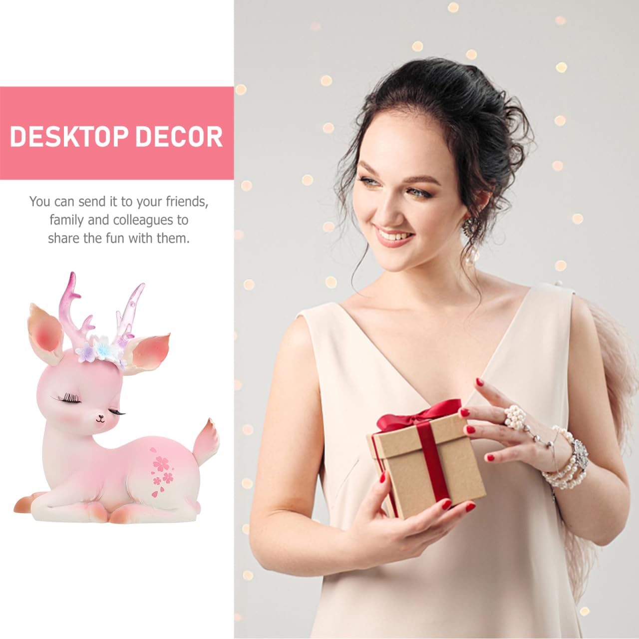 Garneck 2Pcs Pink Resin Deer Ornaments Mini Cartoon Deer Figurines for Car Dashboard Decor Christmas Figurines Home Office Desk Bedroom Study Table Seasonal Decor