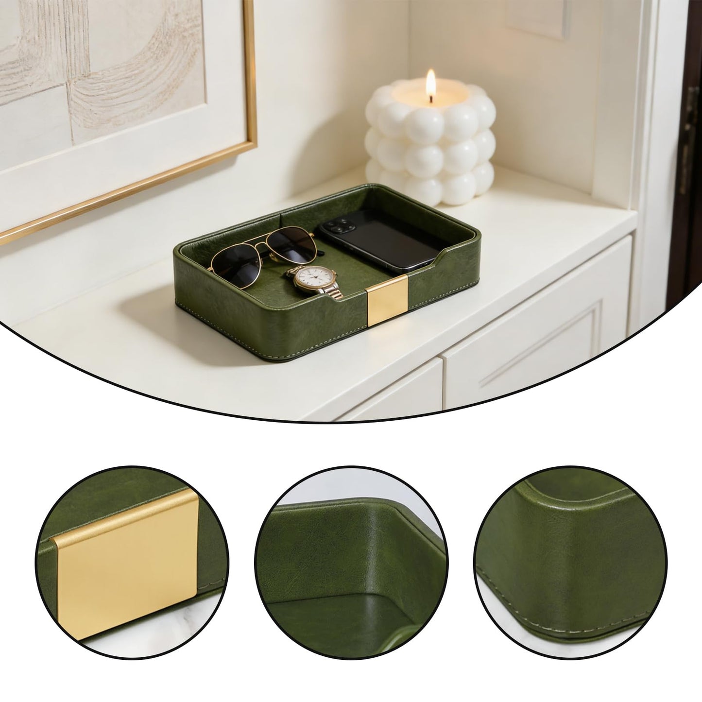 HPZIHYNAP Green Luxury Leather Jewelry Tray - Stylish Desk Accessories & Nightstand Organizer for Holding Jewelry, Watch, Keys, Phone & Wallet (Entryway/Desktop Decor)