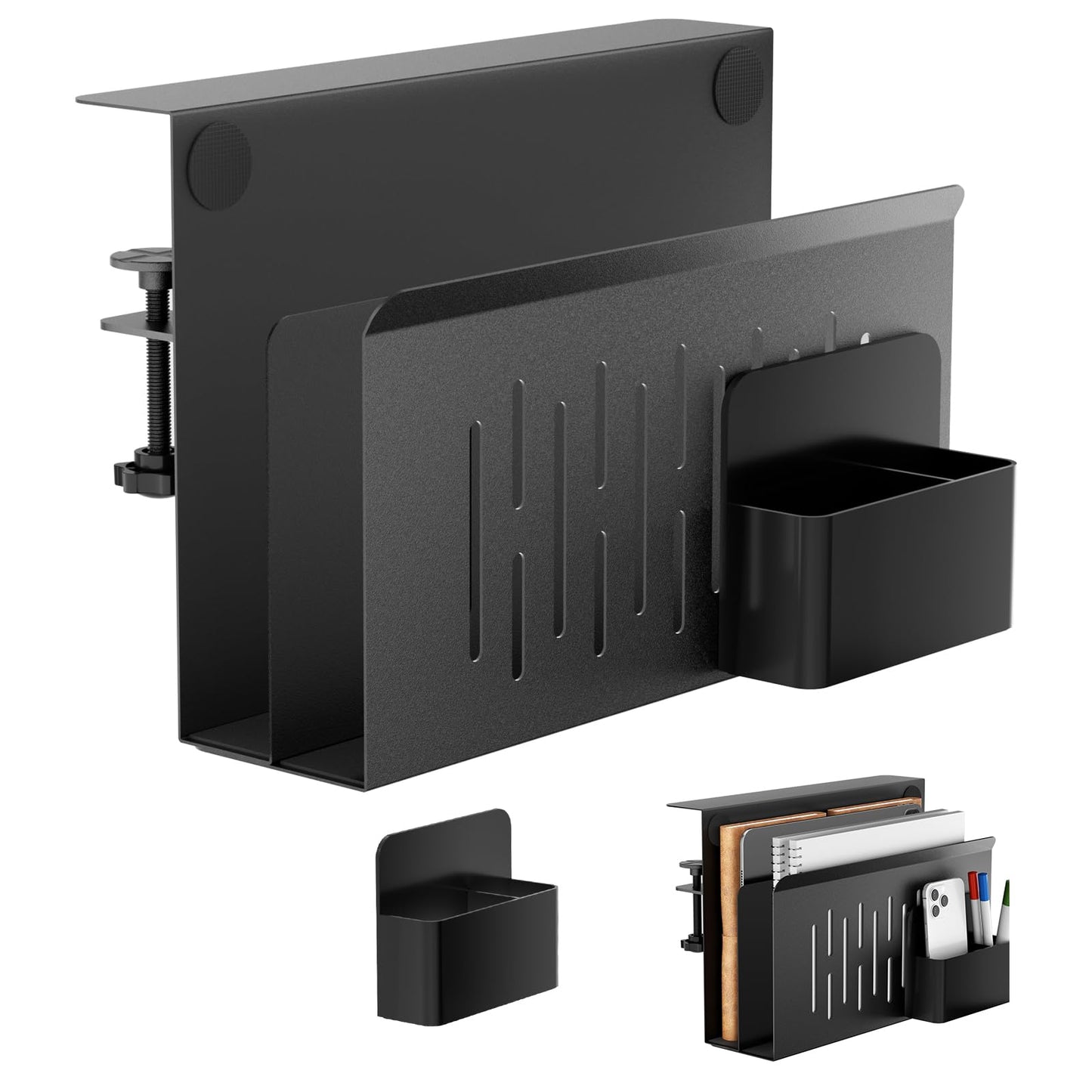 Onemake Desk Side Storage, 2-Tier No Drill Laptop Holder, Clamp on Desks Shelf with Magnetic Pen Holder, Hanging Desk Organizer for Home Office, Fits Flat Edge Tables 0.4" to 2.3"