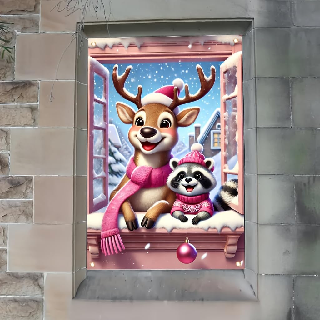 Tomhong Christmas Reindeer and Raccoon Window Banner 31x47 Inch Snowy Scene Holiday Decoration for Indoor Outdoor Home Wall or Window Display Cozy Christmas Decor