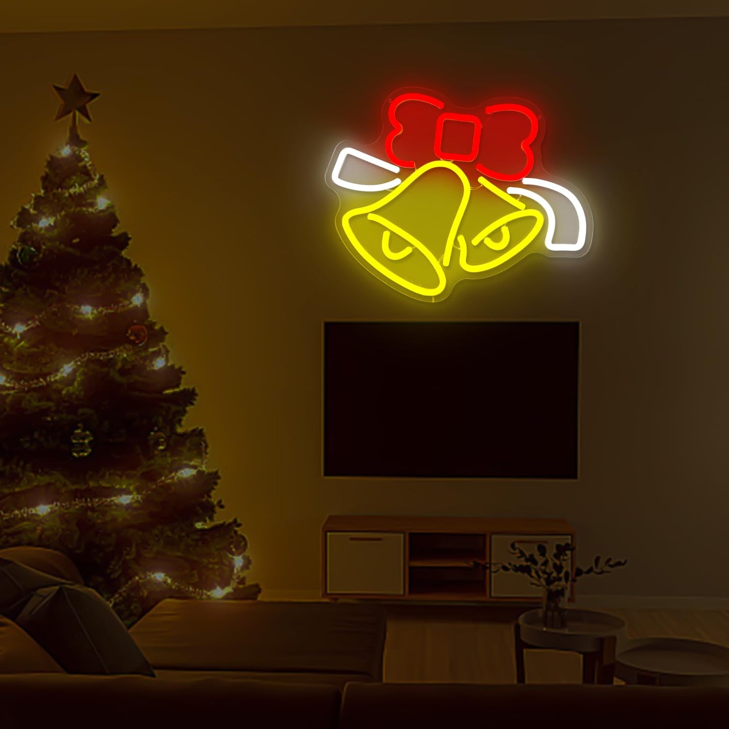 Christmas Neon Sign for Wall Decor Bell Shape Led Neon Signs Dimmable Jingle Bell Neon light for Bedroom Kids Room Bar Xmas Light up signs for Christmas Gifts Party Decor