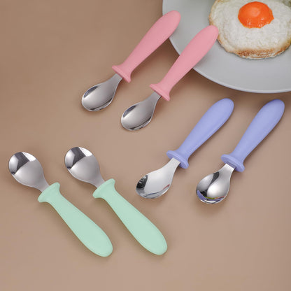 Pimoys 6 Pieces Toddler Spoons Baby Spoons for Self-Feeding, Stainless Steel Kids Spoons with Plastic Handle Metal Toddler Utensils Children's Silverware Set BPA Free, Dishwasher Safe