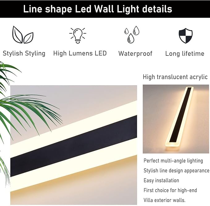 2Pack 23.6inch Long Outdoor Modern LED Wall Light,18W Waterproof IP65 Warm White 110V led Wall Mount Lighting Fixture Rectangular Black Wall Lights Elegant Frosted White Acrylic Anti Rust