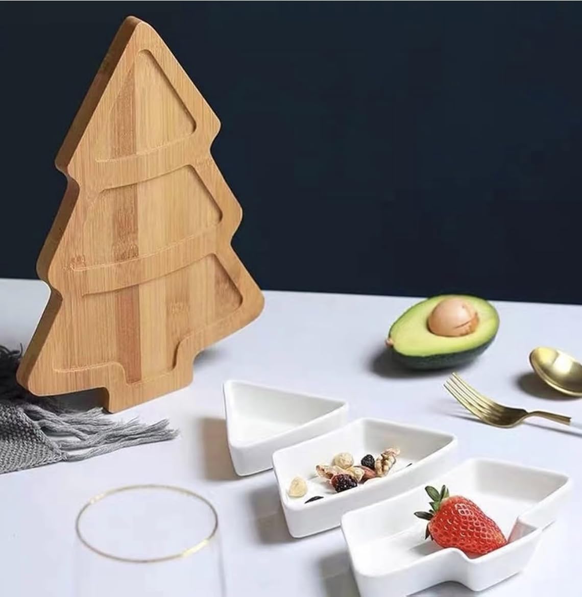 “Christmas Tree Shaped Serving Tray – 3 Tier White Ceramic Plates with Bamboo Stand – Holiday Snack & Dessert Display Platter”