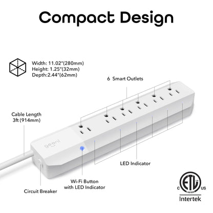 Geeni Smart Surge Protector 6-Outlet Power Strip – Wi-Fi Enabled with Voice Control (Alexa, Google Assistant), Surge Protection, 3ft Extension Cord, Remote Access