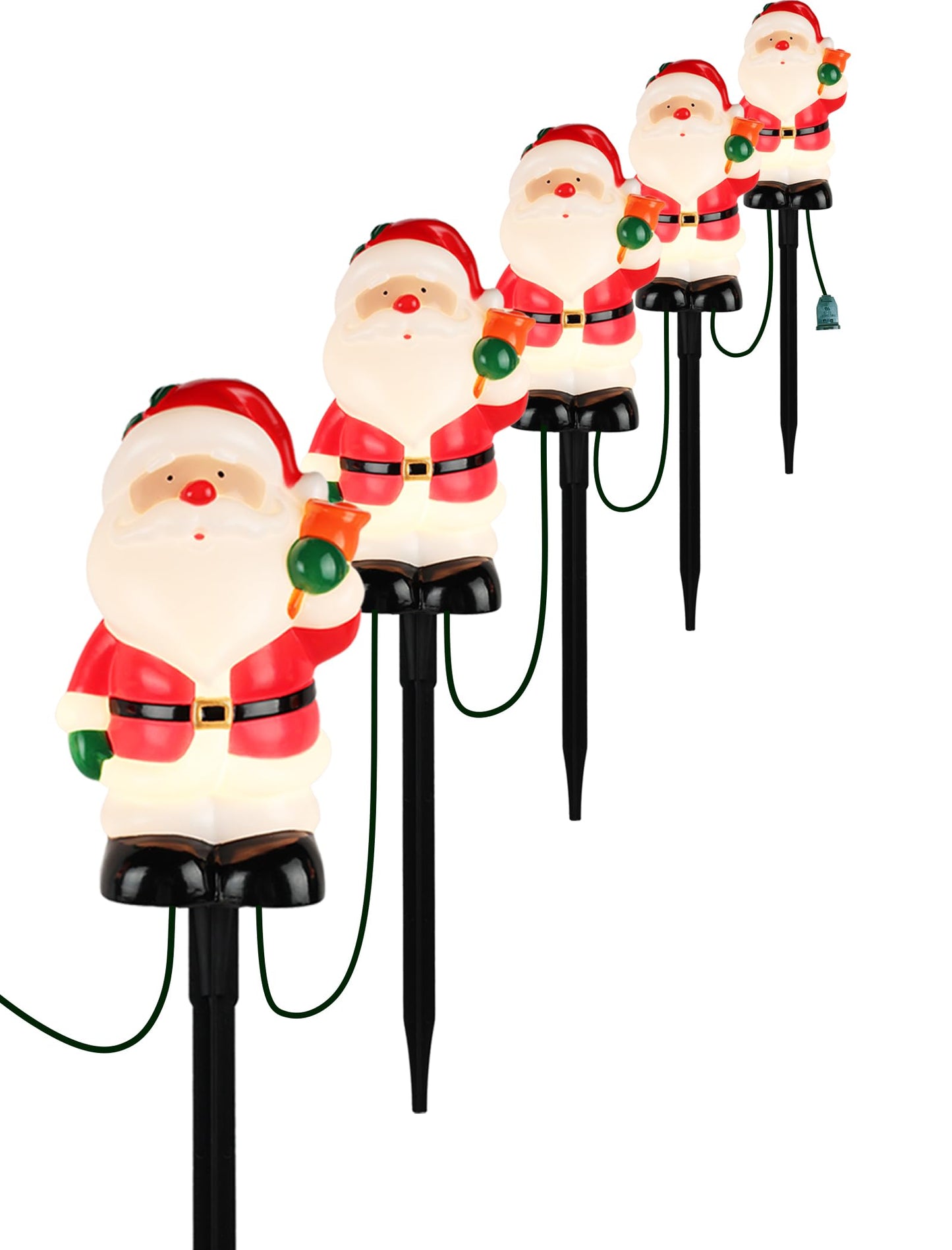 5-Pack Commercial-Grade Christmas Pathway Stakes - 15.98" Tall Santa Holding Bell Stake Lights with Heavy-Duty C7 LEDs, Waterproof for Pro-Level Yard Decor