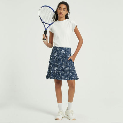 NOOYME 20" Skorts for Women Athletic Modest with Pockets Knee Length Tennis Golf Skirts (3XL,Navy Paisley)
