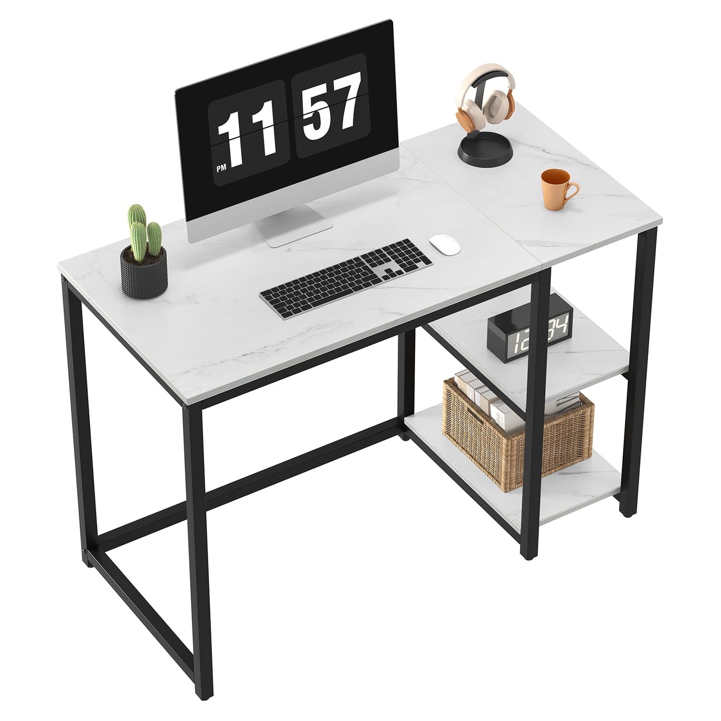 SINPAID Computer Desk 40 inches with 2-Tier Shelves Sturdy Home Office Desks with Large Storage Space Modern Gaming Desk Study Writing Laptop Table, Black Marbling (White Marble, 40 inch)