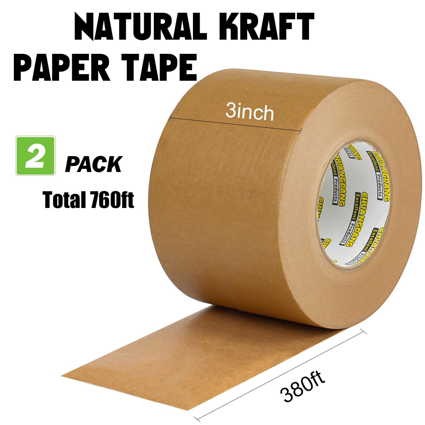 CHUANGDANG Kraft Paper Tape,3Inchx127yards,2Rolls,Brown Paper Packing Tape,Writable & Uncoated,Kraft Tape for Masking, Sealing, and Packaging,Biodegradable,Eco-Friendly