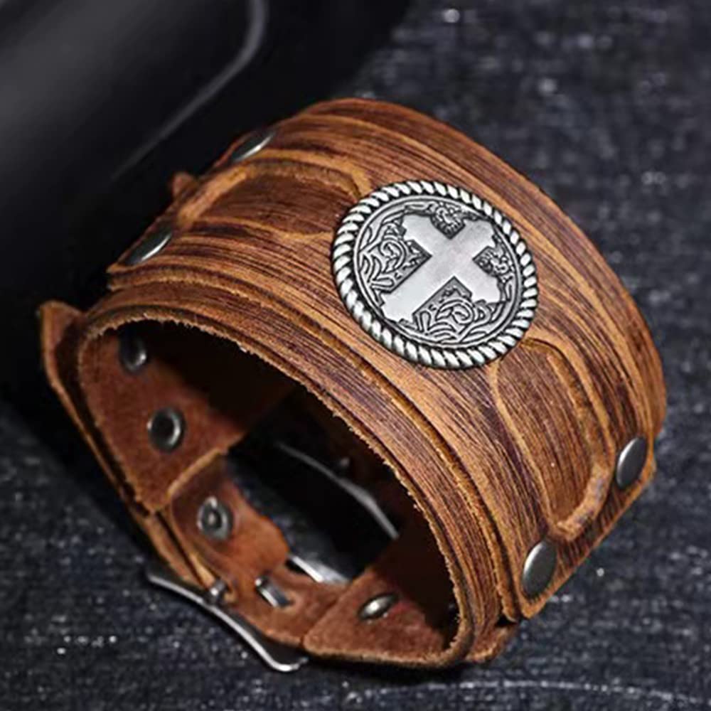 NIGHTCRUZ Wide Leather Bracelet with Cross, Medieval Leather Cuff Wristband for Mens