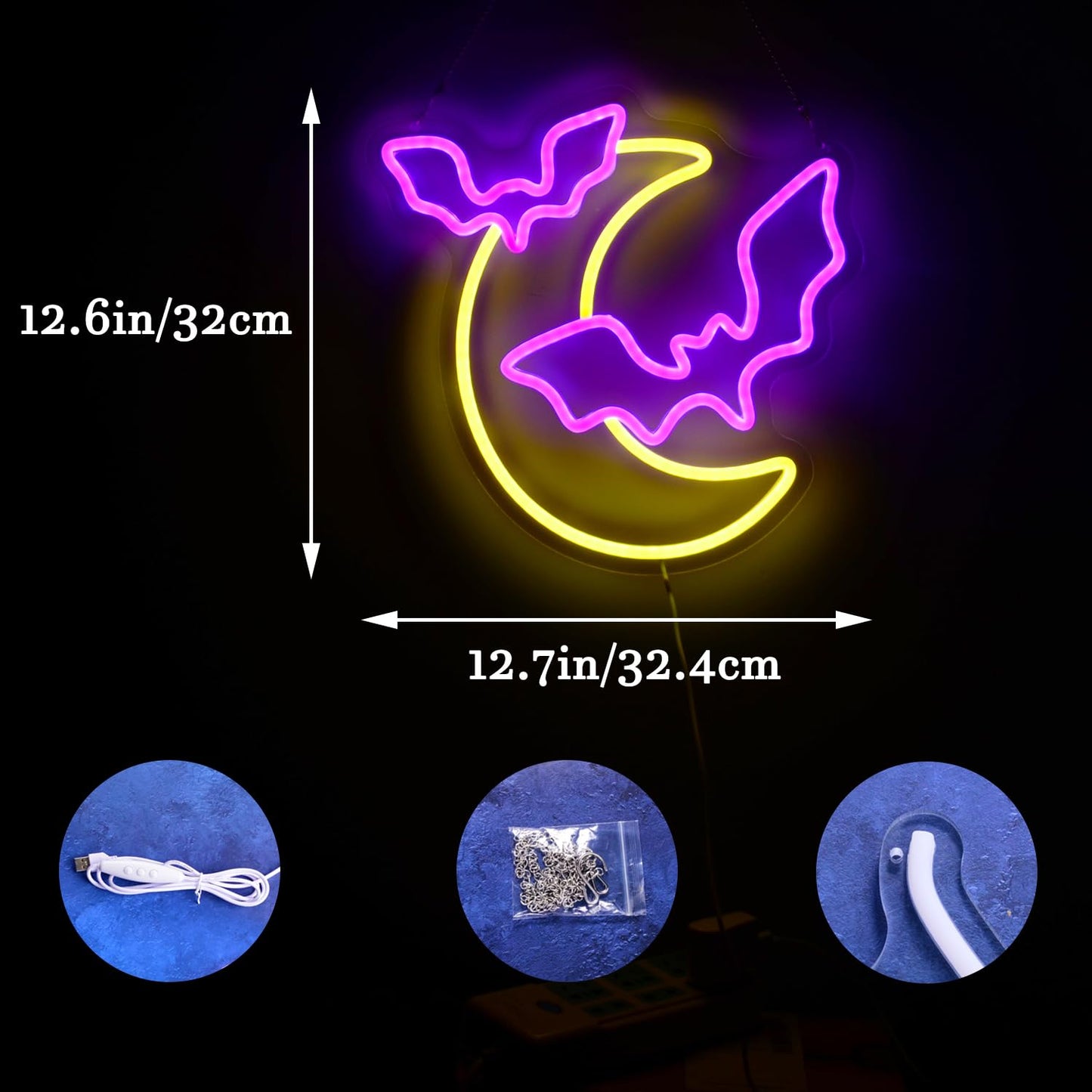 Halloween Decorations Neon Signs, Moon and Bat LED Light,Neon Light up Halloween Party, USB Powerd Gothic Neon Lamp for Festival Wall Decor, Bar, Bedroom,Living room, Wedding,Halloween