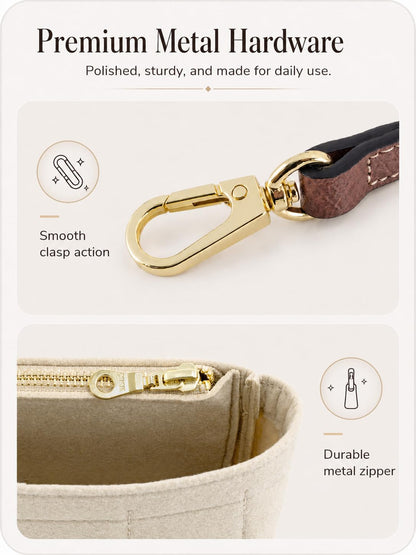 ATSEKTZ Purse Organizer Insert & Leather Strap Conversion Kit Set, Compatible with Longchamp Le Pliage Mini Bag – Felt Inner Liner & Adjustable Shoulder Strap, Beige