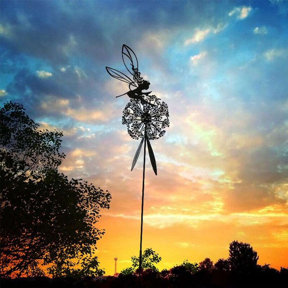 Fcteap Flower Fairy Dancing with Dandelion Garden Art Sculpture Stainless Steel Statue Christmas Halloween Decoration for Outdoor Yard Courtyard Lawn Patio Metal Ornaments (Hurdle)