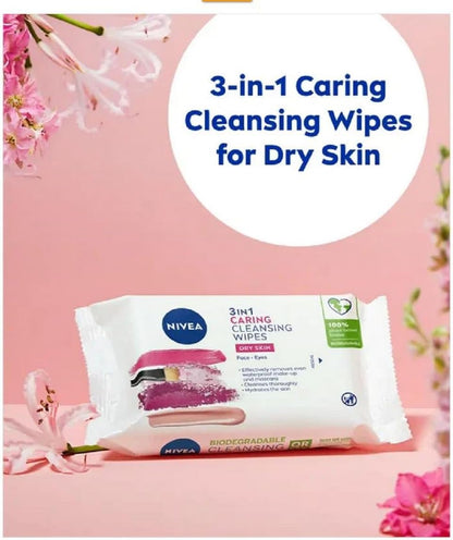 NIVEA 3in1 Caring Cleansing Wipes Dry Skin (40 Wipes), Plant-Based Makeup Remover Wipes, Face Wipes for Dry Skin, Gentle yet Effective Makeup Removal