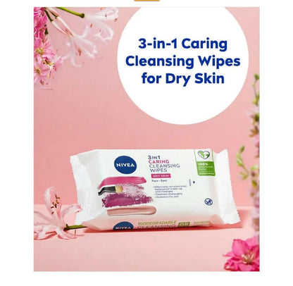 NIVEA 3in1 Caring Cleansing Wipes Dry Skin (40 Wipes), Plant-Based Makeup Remover Wipes, Face Wipes for Dry Skin, Gentle yet Effective Makeup Removal