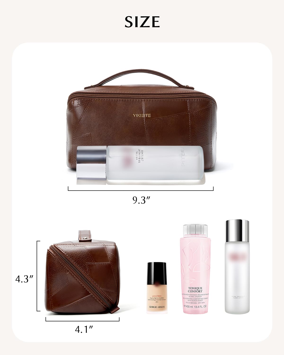 Yikisite Makeup Bag, Travel Cosmetic Bags toiletry bag for Women, Waterproof PU Leather Make Up Pouch Organizer Travel Essentials Organizer with Divider (Brown)