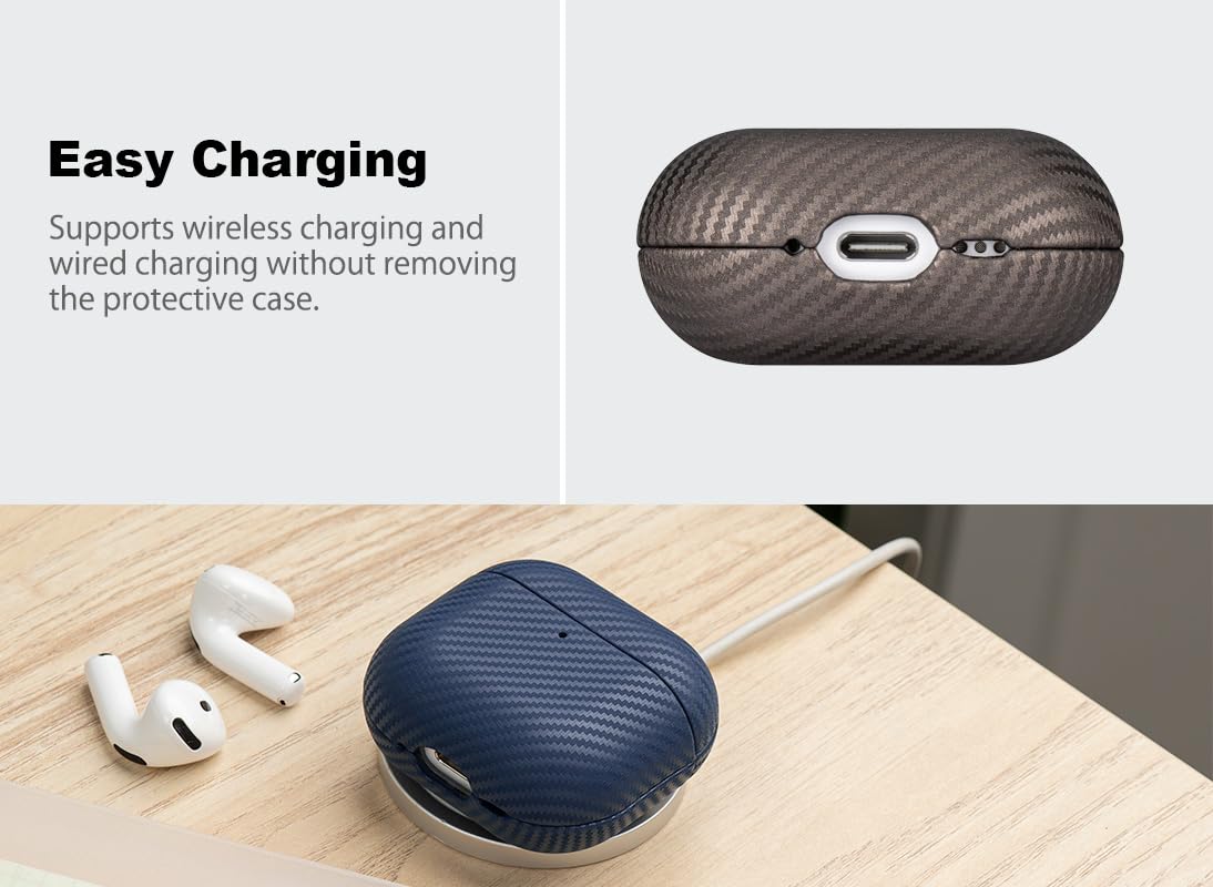 Haobobro Leather Case for AirPods 4 / AirPods 4 with Active Noise Cancellation Case Cover - Selected Skin-Friendly Leather, Carbon Fibre Texture, Handmade Drop Protective Hard Cover - Desert Titanium