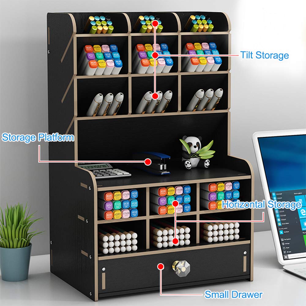 Wooden Desk Organizer with Drawer, Large Capacity DIY Pen Holder Storage Box Desktop Stationary Storage Rack, Pen Organizer Caddies for Office, Home and School Supplies (B16-Black)