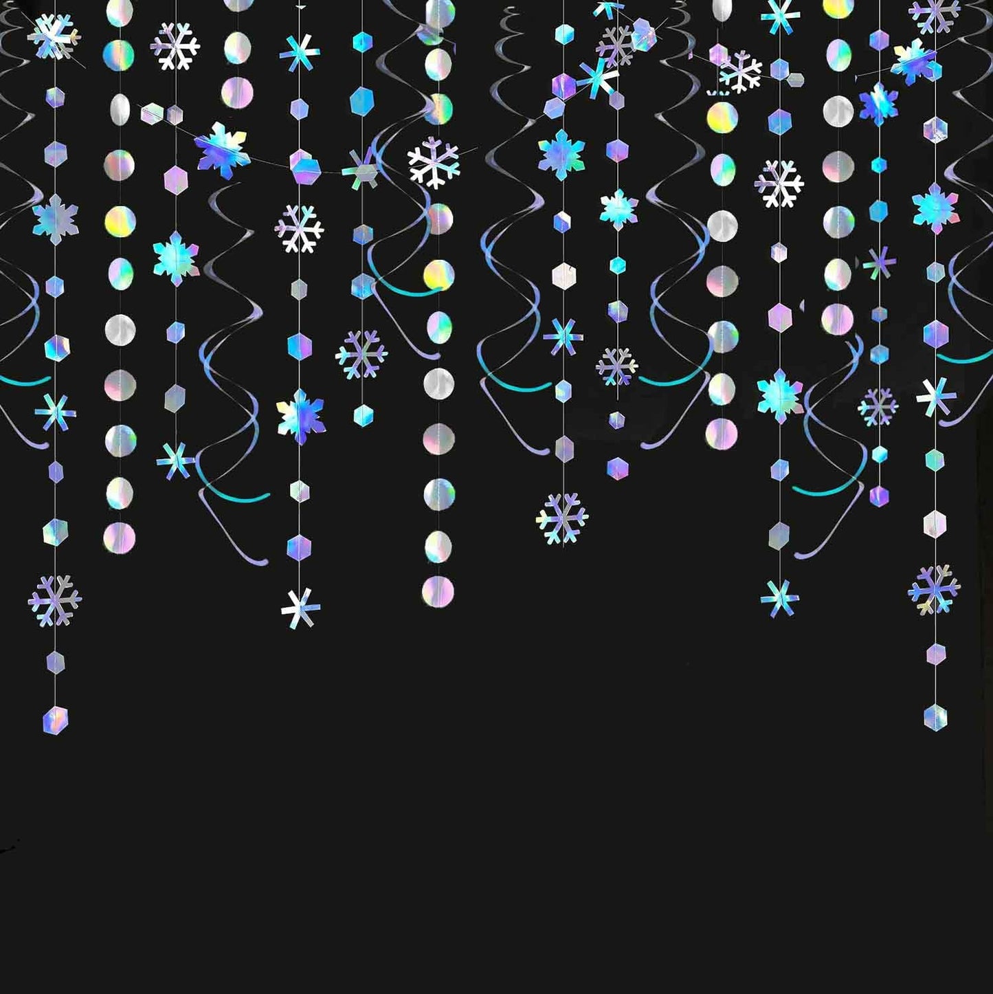 Winter Wonderland Party Decoration Iridescent Snowflake Circle Dots Garland Iridescent White Hanging Swirls Holographic Paper Set for Onederland Christmas Frozen Birthday Wedding Bridal Party Supplies