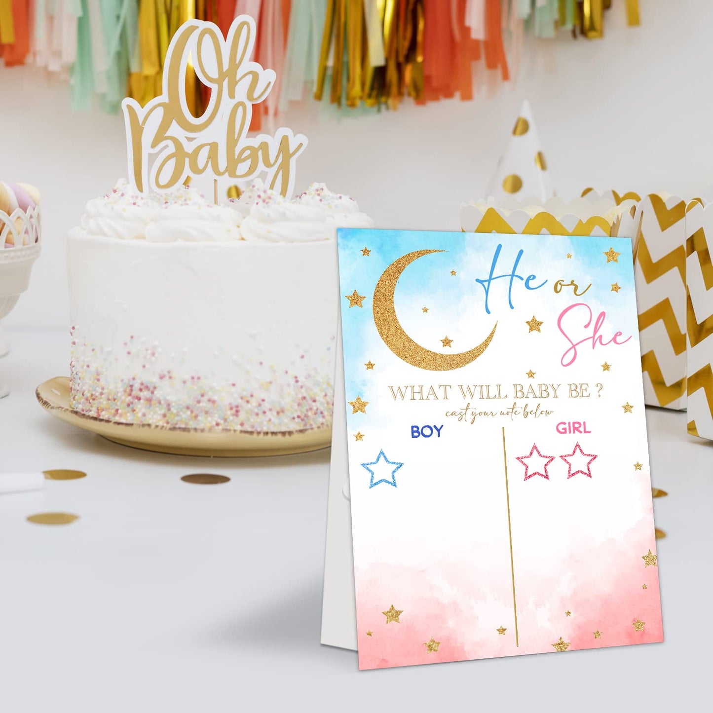 LNOKRIM Gender Reveal Party Games, Twinkle Little Star Theme Baby Gender Reveal Voting Board Sign, 48 Boy Girl Voting Stickers, He or She, Gender Reveal Party Centerpiece Decorations (12x17)