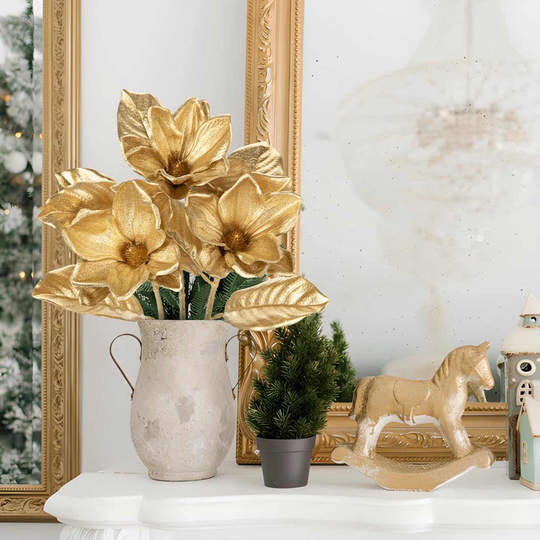 Briful Set of 3 Gold Magnolia Floral Stems 26in Magnolia Artificial Flowers Silk Magnolia Flower Branches for Christmas Home Office Table Vase Decor