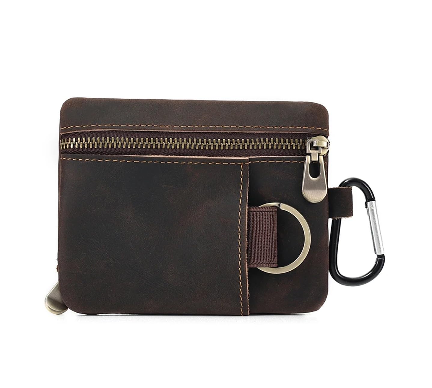 Men Genuine Top Grain Cow Leather Coin Purse with Key Ring & Clip. Retro Slim Minimalist Wallet Card Case (Coffee)