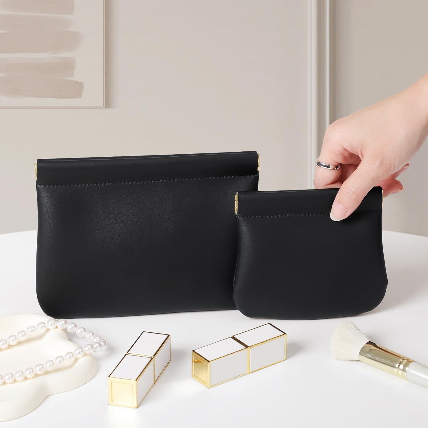 MEIBOOCH 2 Pack Small Makeup Bag for Women, New Organosilicon Super Fiber PU Leather Mini Cosmetic Bag for Travel, Coin Purse Organizer Storage Pouch (No Phrase Printed, Black)
