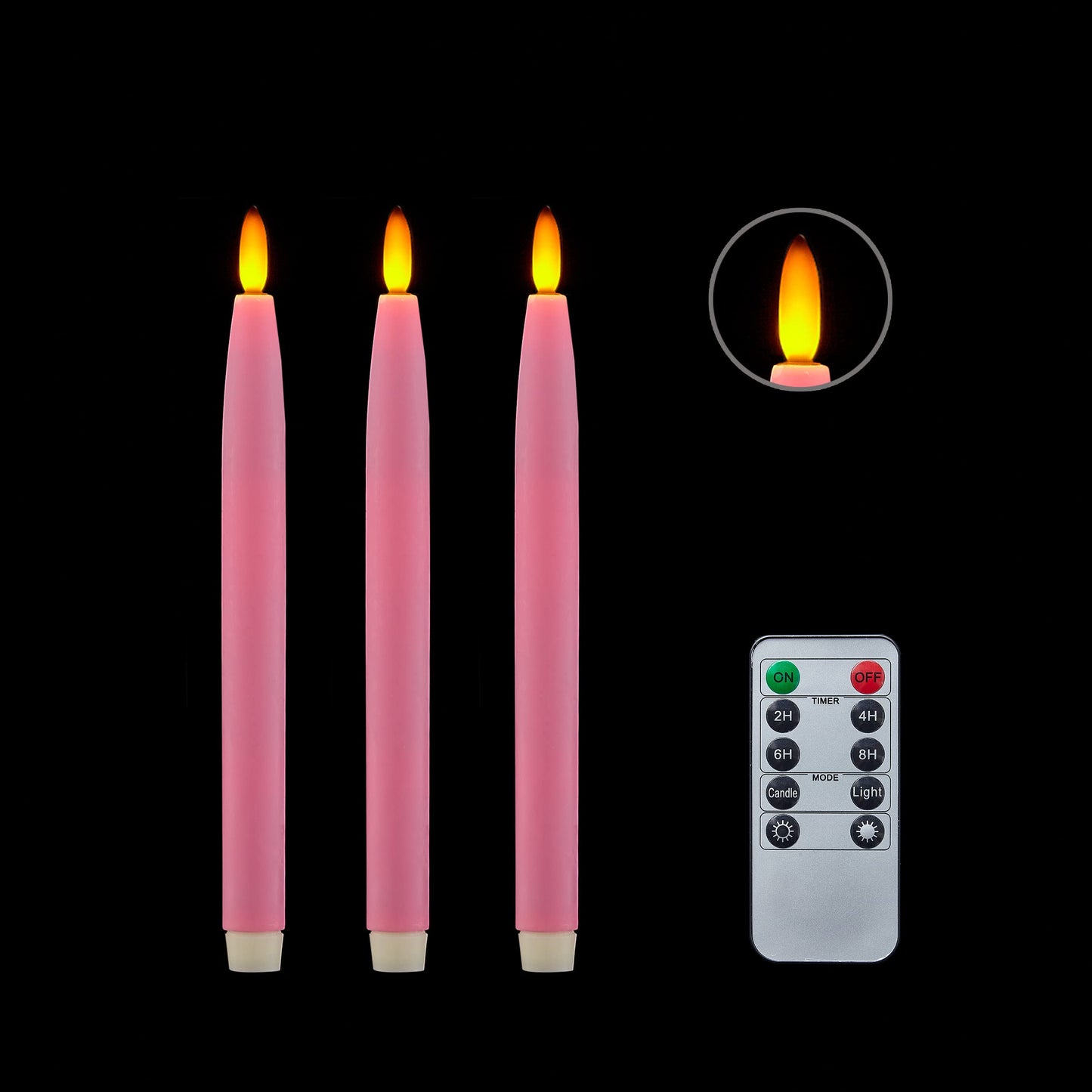 HVTDECOR Flameless Taper Candles Battery Operated with Timer and Remote, LED Real Wax Tapered Dinner Candle, Window Candle Set of 3. Centerpieces for Dining, Table, Christmas, Wedding (Pink)