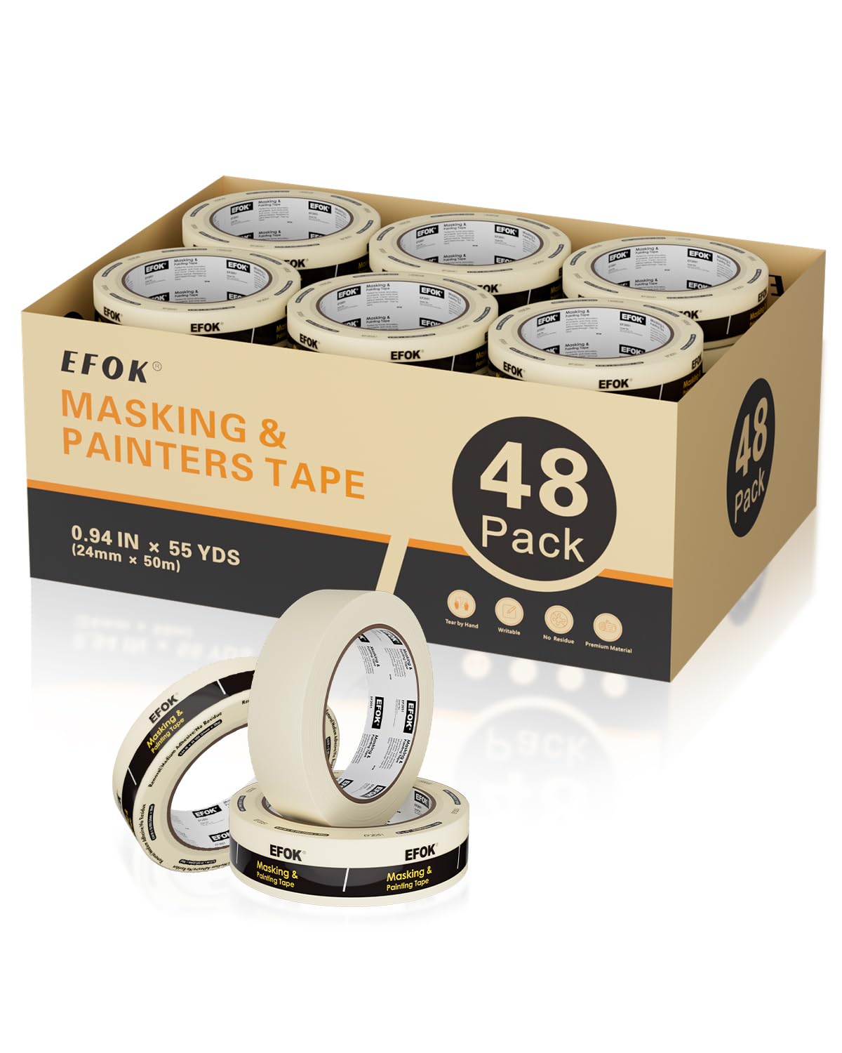 EFOK 48 Rolls Masking Tape 1 Inch Wide Bulk - 0.94 Inch x 55 Yards - Anti-UV White Professional Masking Tapes for General Purpose Painting - DIY Arts & Crafts No Residue
