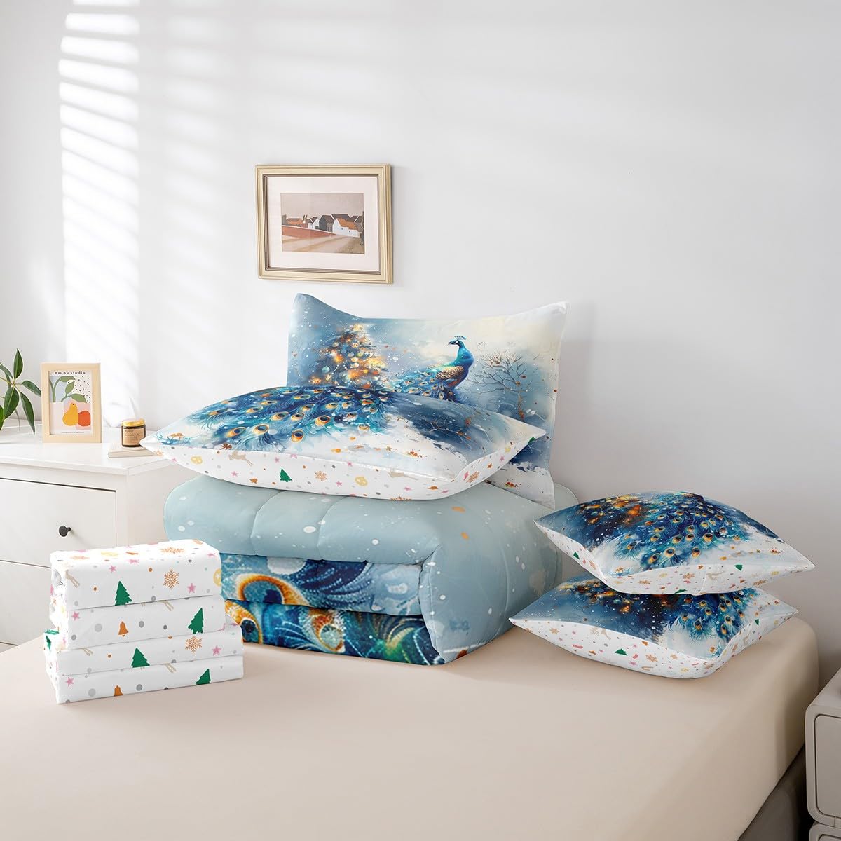 Manfei Xmas Peacock 7 Pieces Comforter Set Full,Wildlife Animal Snow Winter Bedding Set for Bedroom Decor,Merry Christmas（Comforter+Fitted+Flat Sheet+2 Pillowcases+2 Throw Pillow Covers）