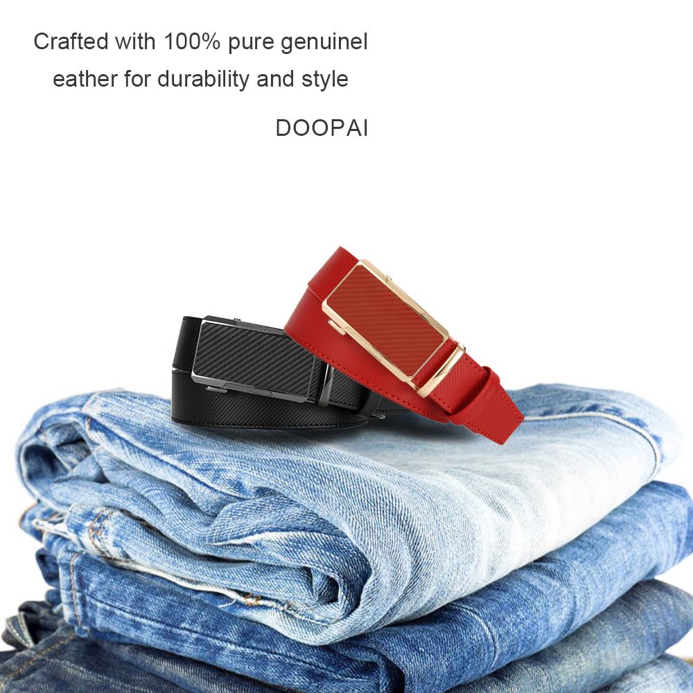 DOOPAI Men's Adjustable Ratchet Belt -Red Leather Dress Belt for Men, Customizable Fit, Easy to Use, Maximum Durability