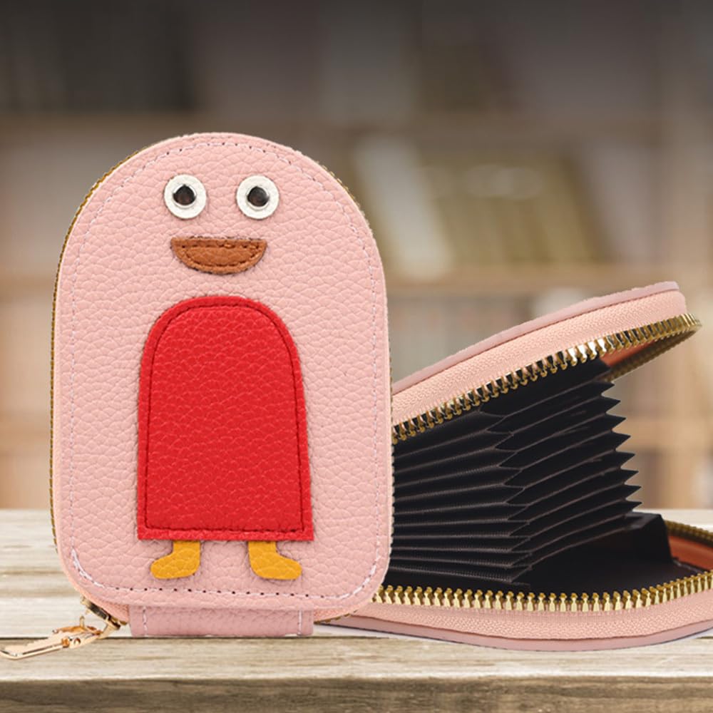 DONGKER Cute Penguins Card Coin Holder,PU Zippered Cartoon Penguin Accordion Card Wallet Built-in 11 Card Slots for Men Women