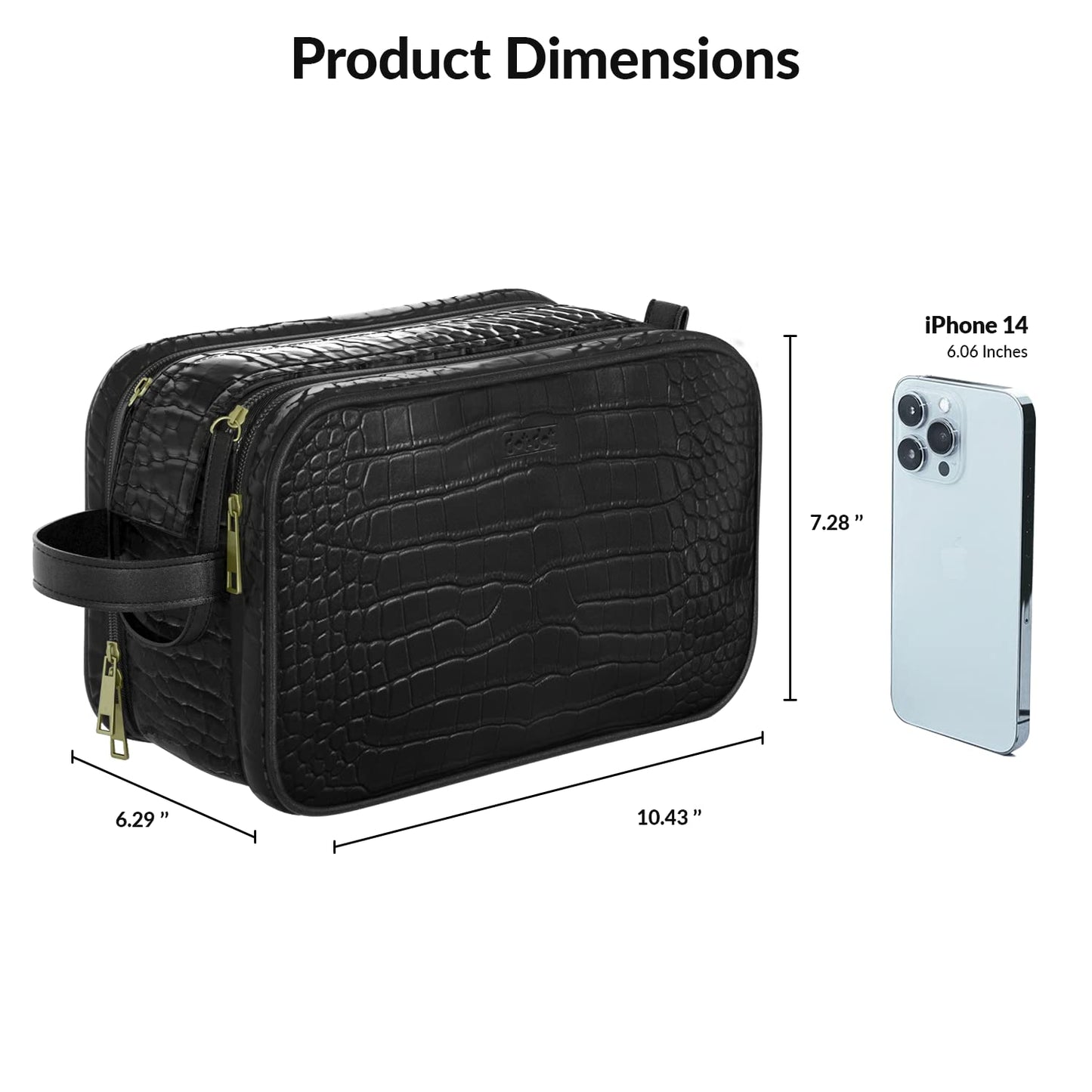 Dot&Dot Leather Toiletry Bag for Men Women - Spacious Womens Mens Toiletry Travel Toiletries Bags (Black Croc)
