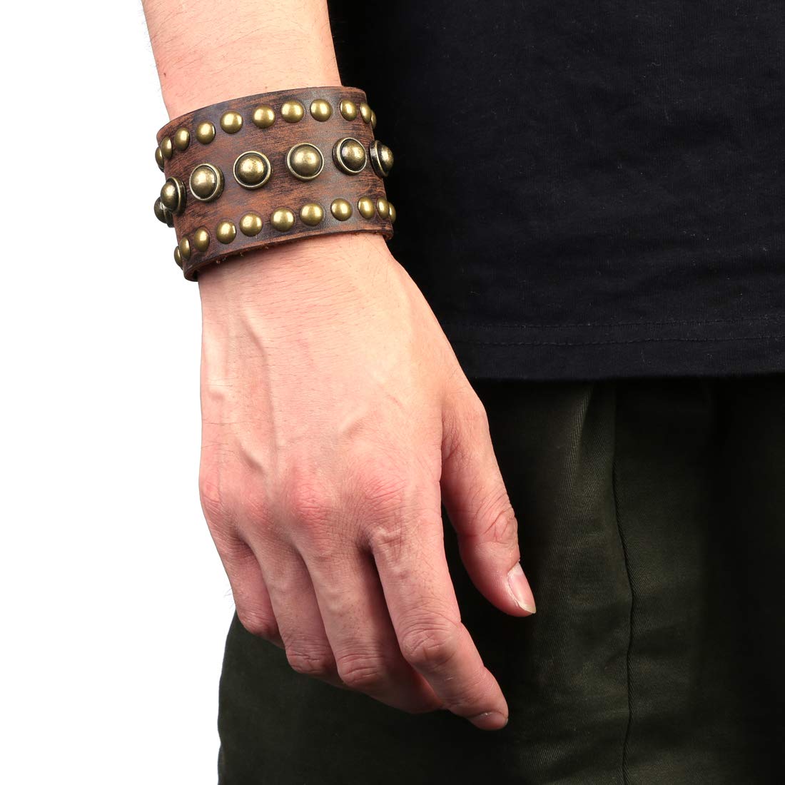 STWTR Men's leather wide waistband Wrist Cuff Bracelet Fashion Bracelet simple coffee adjustable